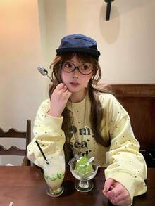 Polka Dot All-Over Print Puppy Crew Neck Sweatshirt Women Korean Style College Loose Versatile Chic Lazy Top - Yellow - View 4