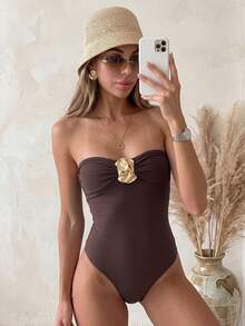 Bikinx Women's Solid Color Ruched Detachable Strap Sexy One-Piece Swimsuit With Metal Decor Vacation Beach Summer Brown - Brown - View 11