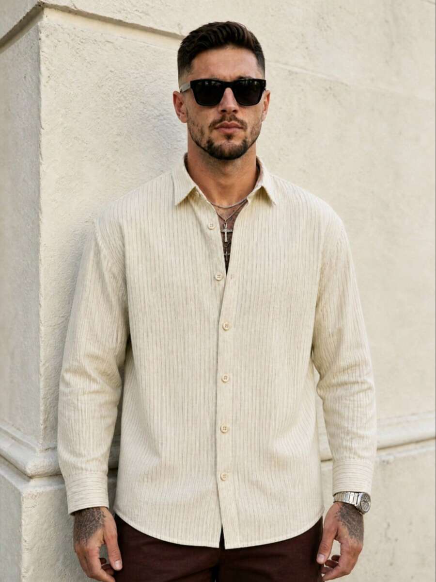 Lookun Men's Light Fine Striped Lapel Long Sleeve Shirt Loose Drop Shoulder Casual Blouse Autumn/Winter - Apricot - View 1