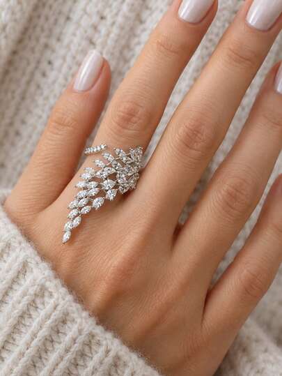 1pc Silver Wing Leaf Open Adjustable Ring, Women's Party Finger Accessory