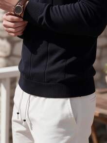 Men's Casual Fashion Long Sleeve Seagull Collar Ribbed Knit Polo Shirt - Black - View 4