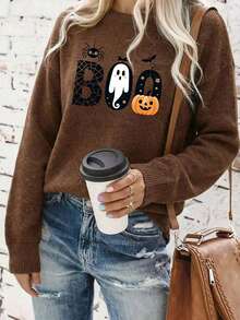 Women's Casual Long-Sleeve Sweater [Halloween] – "BOO" Graphic Print (Spider, Pumpkin, Ghost) – Crew Neck – Simple & Fun Style – Plus Size - Dark Ochre - View 6