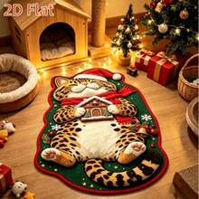 1pc Christmas Leopard Print Cat Shaped Rug, 2D Flat Print, Fat Cat Wearing Christmas Hat Hugging Small House Floor Mat, Holiday Atmosphere Living Room Bedroom Foot Mat, Hand-Cut With 1-5cm Error, Christmas Small Rug, Christmas Party Decoration, Decorative Floor Mat, Bathroom Rug, Door Mat, Small Rug, Rug, Floor Mat, Home Decor, Area Small Rug, Bedroom Rug, Washable Rug - Multicolor - View 1