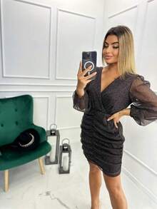 Elegant Evening Dress Shiny Mini With Ruffles Party Dress - Silver - View 1