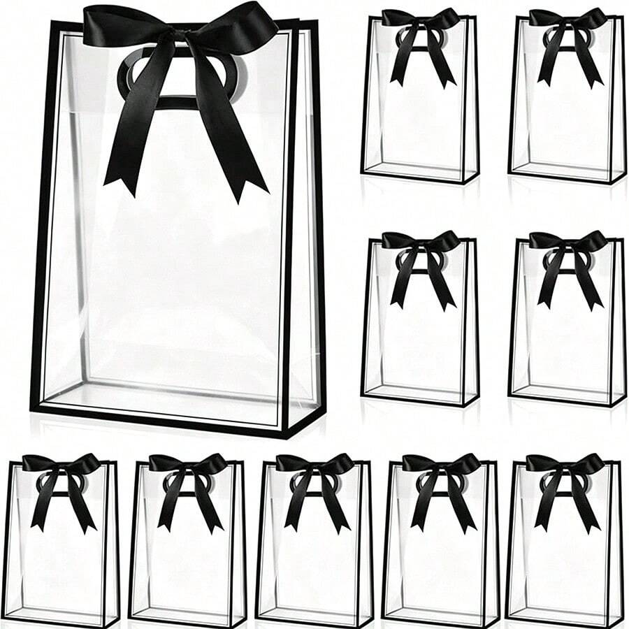 1/4/12pcs Transparent Gift Bags With Ribbons, Suitable For Baby Shower, Graduation, Wedding, Bridal Party, Birthday Party, Business Occasions, With Cut-Out Handles, Reusable PP Material, 7x10x3.15 Inches (Black) - Black - View 1