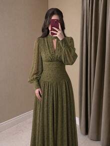 Women's Polka Dot Pleated Casual Party Dress - Army Green - View 2