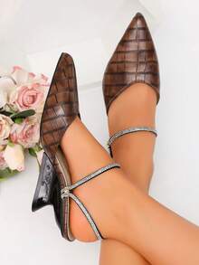 planare New Women's Fashion Diamond Pattern Pointed Toe Mule Slippers With Rhinestone Back Strap, Slip-On Low Heel Vintage Slippers - Brown - View 5