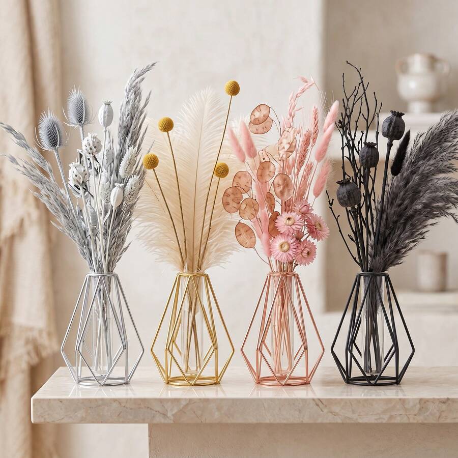 1pc Modern Minimalist Metal Wire Glass Test Tube Vase, Nordic Hollow Geometric Rhombus Cage Frame Decorative Vase, Suitable For Reed Grass Artificial Flowers, Home Living Room Bedroom Kitchen Office Wedding Easter Spring Tabletop Decoration - A - View 1