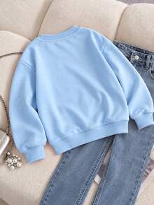 Girls Light Blue Crew Neck Sweatshirt, GOOD VIBES & Colorful Checkered Flower Loose Pullover Top - Blue - View 2