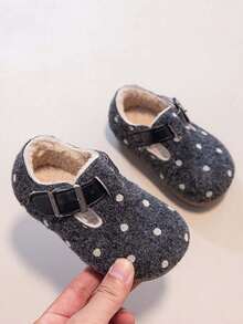 Autumn/Winter Girls' Plush Polka Dot Slip-On Shoes, Girls' Hook And Loop Warm Fuzzy Shoes - Grey - View 4