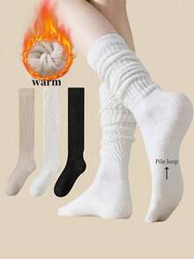 1/2/3 Pairs Women's Loose Pleated Knee-High/Mid-Calf Skateboard Socks, Warm Thick Lining, Solid Color Design, College Style Vintage, Suitable For Autumn/Winter Matching JK, Street Style Outfits - Multicolor - View 3