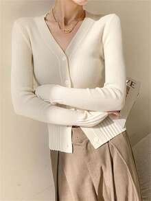 V-Neck Design, Thin Button, Long Sleeve, Striped Underarm Sweater, Women's Cardigan, Autumn/Winter, Back To School Season - Apricot - View 5