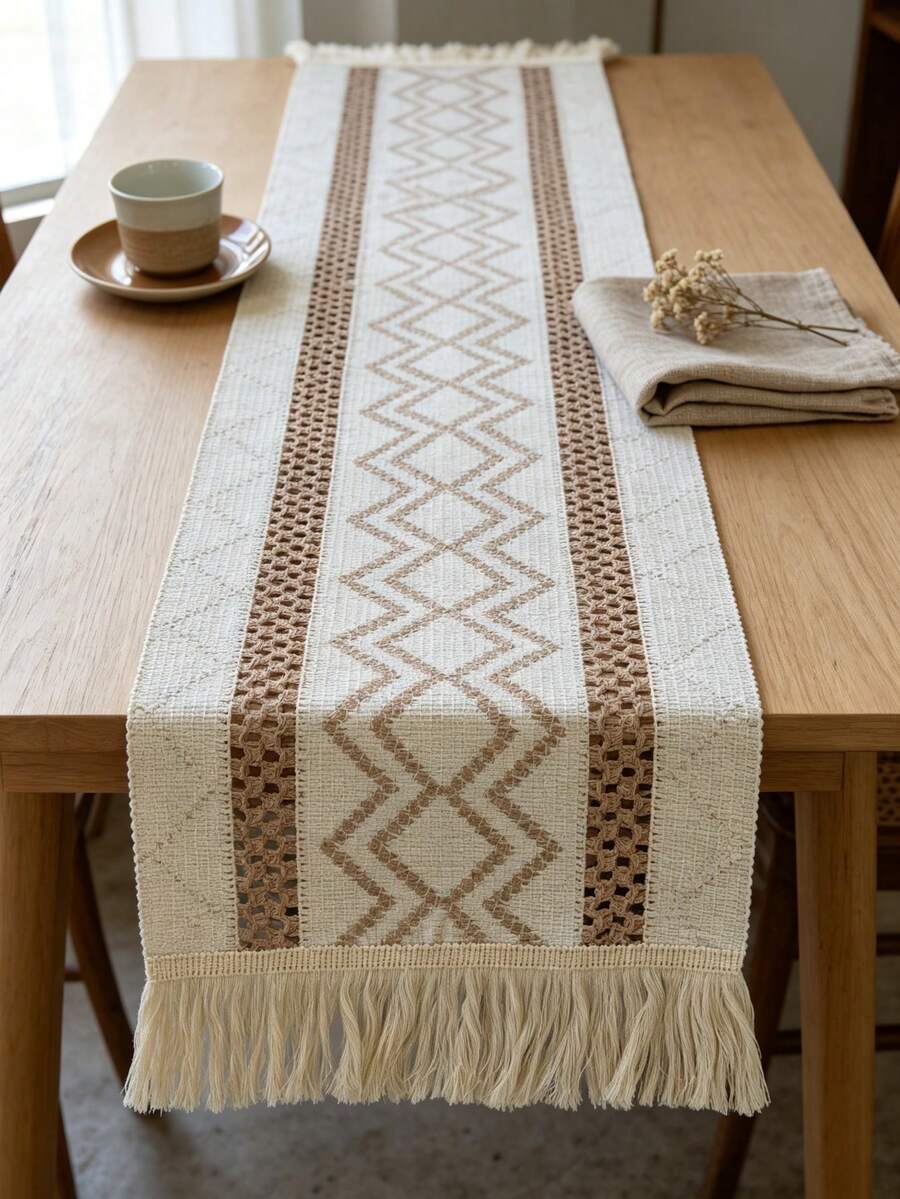 1PC Boho Geometric Zigzag Pattern Table Runner With Fringe Tassel Edge, Vintage Bohemian Macrame Aesthetic, Linen-Look Yarn-Dyed Woven Material, Easy Care, Multi-Scene Table Decor For Dining Room, Console, Sideboard, Autumn Thanksgiving Gathering - Khaki-a - View 1