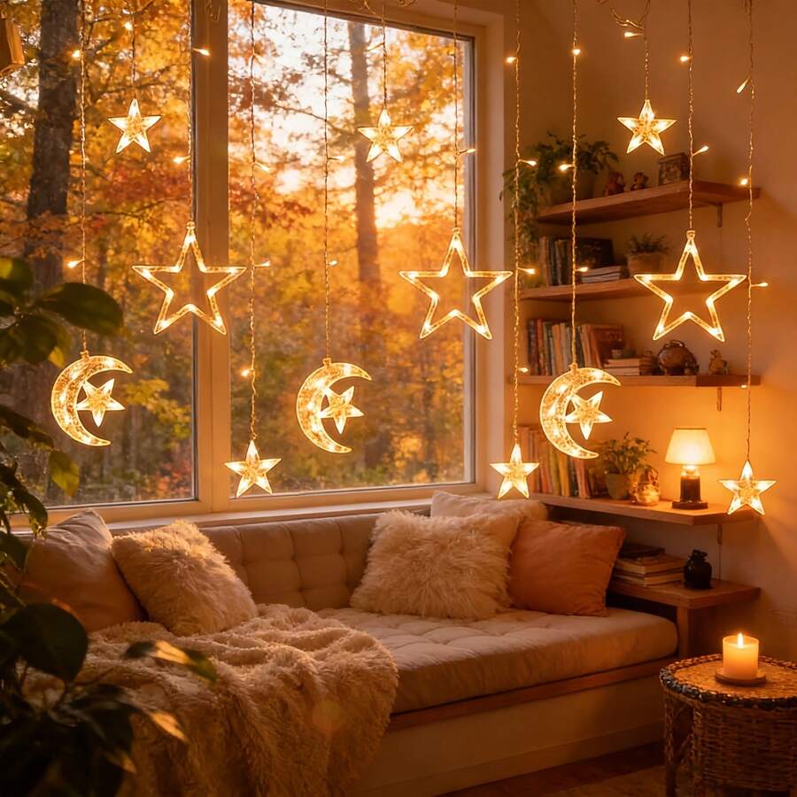 1 buah Lampu Tirai Peri LED Bintang dan Bulan Putih Hangat dengan Dekorasi Gantung Bercahaya, Cocok untuk Karnaval, Pernikahan, Pesta, dan Acara Keluarga - Lampu Tirai Bulan Merangkul Bintang - Bintang Besar - View 1