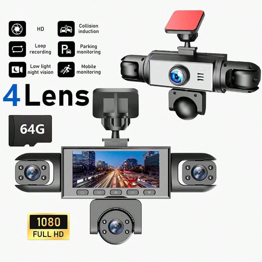 Kamera Dasbor SIDAKEYE 360° Panorama 5 Saluran (4 Lensa + Belakang) Kartu Memori 64G, Layar IPS 3,16 Inci, Kamera Depan 1080P, Kamera Depan/Tengah/Belakang/Kiri/Kanan Cakupan Penuh 720P, Tampilan Quad-View, Penglihatan Malam HD, Rentang Dinamis Lebar, Sensor G, Pengisian Daya USB, Baterai 150mAh - A - View 1