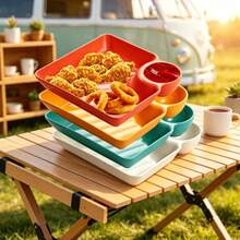 4-Piece Set With Divided Compartments] Plastic Dumpling And French Fries Sauce Dish Set| Portable PP Square Sauce Dish| Japanese Cuisine Sushi Taco Serving Plate| Outdoor Camping Picnic Party Tableware| Multi-Color Practical Dinner Plate - Mixed Colors - View 3