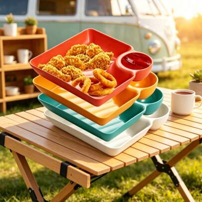 4-Piece Set With Divided Compartments] Plastic Dumpling And French Fries Sauce Dish Set| Portable PP Square Sauce Dish| Japanese Cuisine Sushi Taco Serving Plate| Outdoor Camping Picnic Party Tableware| Multi-Color Practical Dinner Plate