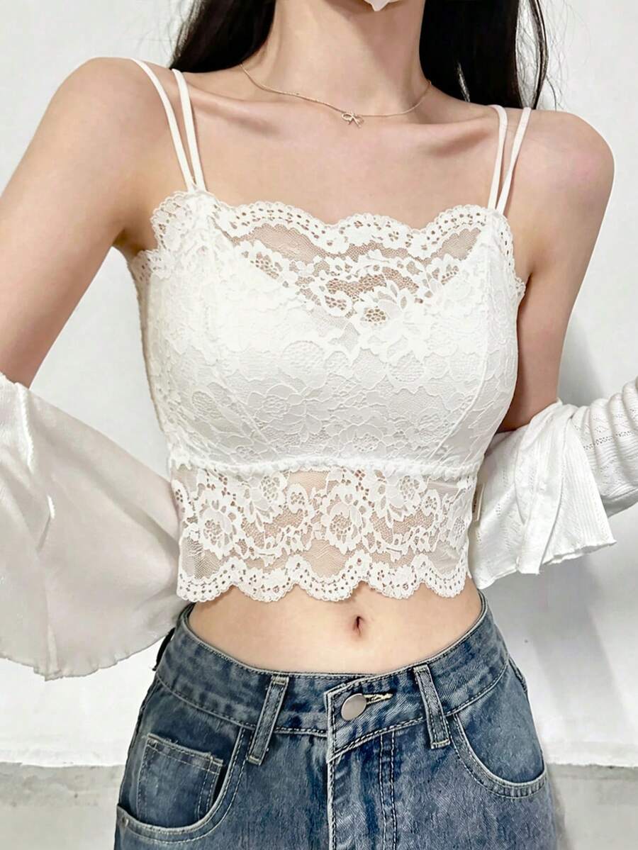女款時尚蕾絲細肩帶上衣,休閒白色夏季美學風 - 白色 - 查看 1