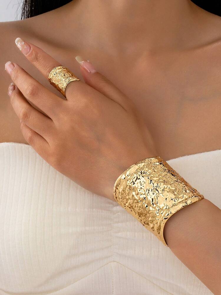 2pcs Geometric Minimalist Wide Band Fashion Exaggerated Personalized Bracelet & Ring Set - Yellow Gold - View 1