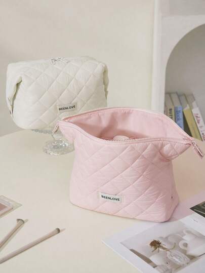 Solid Color Fluffy Quilted Makeup Bag, Minimalist Clean Girl Cosmetic Bag, Double Zipper Makeup Bag, Thick Fluffy Cloud Bag, Essential For Vanity Travel Commute Office, Student Girl Teenager Beauty Enthusiast Makeup Bag, Makeup Bag Toiletries Bag Clutch Storage Bag, Can Store Powder Compacts, Eyeshadow Palettes, Lipsticks, Makeup Brushes, Skincare Products, Phones, Coins And Other Small Items, Gift For Friends, Students, Teachers, Moms, Colleagues, Bridesmaids, Birthday, Valentine's Day, Makeup Storage, Back To School Season Essential