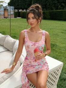 Women's Pink Sequin Mini Dress: Sparkly Floral Embellished Bodycon Short Dress For Cocktail Party Night Out - Pink - View 1