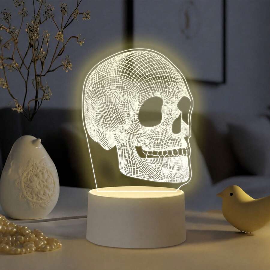Skull Mesh Pattern Acrylic Night Light, USB Powered Warm Light Desktop Decor Lamp, Creative Artistic Desktop Ornament, Personalized Atmosphere Bedroom Bedside Table Decoration, Suitable For Halloween Theme Decor, Toy Enthusiast Holiday Birthday Gift