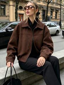 Women's Lapel Zip-Up Polyester Shacket, Long Sleeve Regular Length, Suitable For Autumn/Winter Wear - Brown - View 5