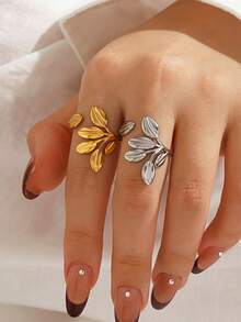 2pcs/Set Stainless Steel 18K Gold Plated Minimalist Leaf Ring Set Suitable For Women's Daily Wear And Shopping - Multicolor - View 8