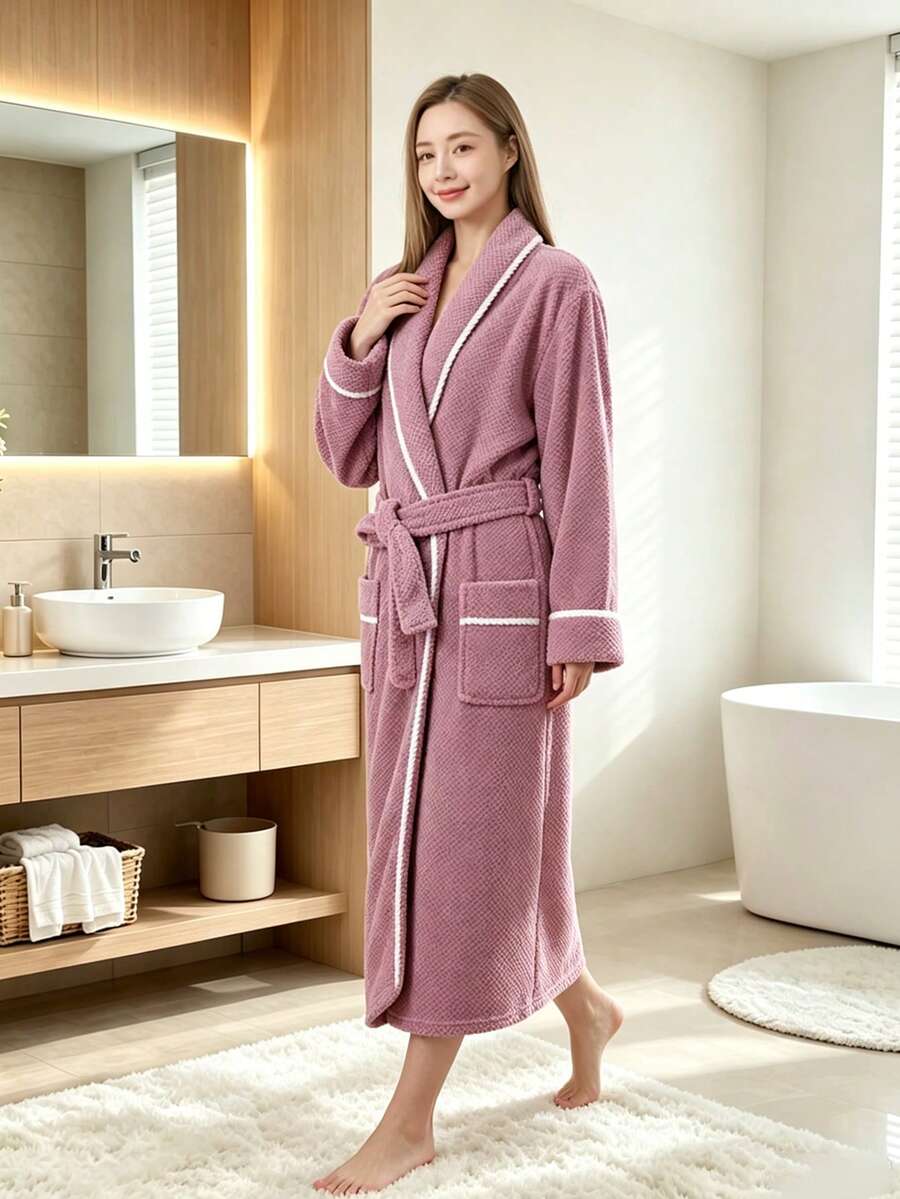1件女款滾邊長版華夫格柔軟舒適浴袍,家居袍、晨袍,適用浴室、飯店、美容院、游泳池、個人使用、禮品 - 玫瑰紫 - 查看 1