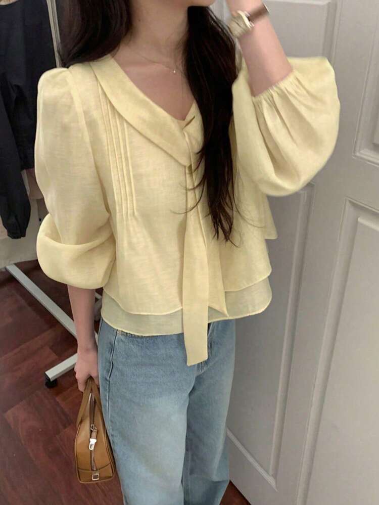 Blus Elegan Serbaguna Bergaya Korea YCYC dengan Pita untuk Wanita - Aprikot - View 6
