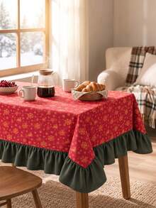 1pc Red Background Gold Christmas Bell Snowflake Print Tablecloth, Traditional Country Style, Rectangular Green Leaf Edge With Pleated Details, Stain-Resistant Protective Tablecloth For Home Long Table, Suitable For Christmas Family Gatherings And Winter Holiday Dining Room Decor - Red - View 4