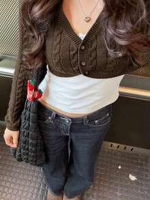 Women's Knitted Cropped Cardigan Long Sleeve Top, Autumn/Winter Outfit, Medium Stretch Knitted Fabric - Brown - View 5