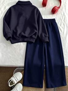 2pcs Set Suitable For Girls And Tween GirlsHalf-Zip Sweatshirt And Wide Leg Pants, Loose Fit Stand Collar Sweatshirt With Applique Embroidery Red Cherry Pattern And Loose Wide Leg Pants Matching Set, Suitable For Autumn/Winter Daily Wear - Multicolor - View 3
