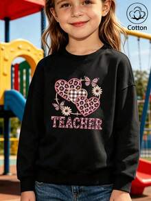 Children's Casual Round-Neck Sweatshirt, Long-Sleeve Round-Neck Sweatshirt With Leopard-Print Heart Design - Black - View 1