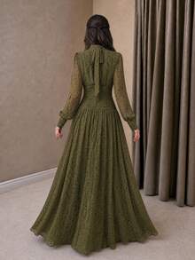 Women's Polka Dot Pleated Casual Party Dress - Army Green - View 3