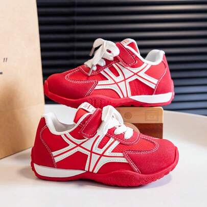 Kids Mesh Patchwork Sneakers, Hook And Loop Anti Slip Athletic Running Shoes, Red Striped Casual Trainers For Boys Girls Outdoor School Daily Wear