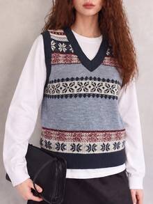 Women's Vintage Old Money Style V-Neck Pullover Vest, Autumn/Winter - Multicolor - View 3