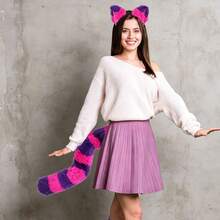 Women's Halloween Cosplay Plush Cat Ears & Tail Set, Purple-Pink Gradient Striped Fluffy Cat Ear Headband, Stage Performance Carnival Party Costume Accessory - Purple Kitten - View 4