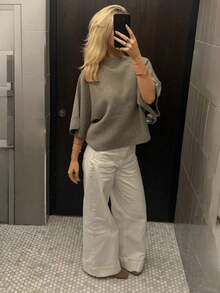 Plus Size Gray Boat Neck Knit Sweater, Minimalist Casual Street Style Women's Back To School Outfit Autumn - Light Grey - View 2
