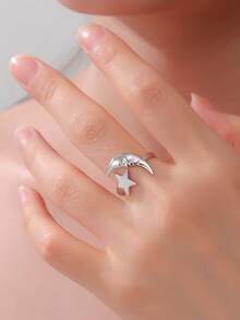 LIKGREAT 1pc Women's Fashion Stainless Steel Sun & Moon Shaped Open Ring, Unique Design, Unisex Gift - Fashion Series - View 9