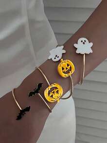 3pcs Gold Metal Ghost Bat Pumpkin Delicate Gothic Fun Jewelry Set Suitable For Party Luxury Banquet - Yellow Gold - View 16