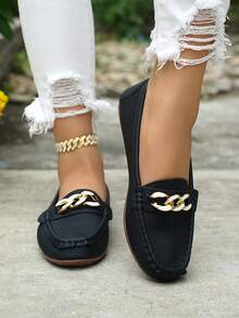 Women's Spring New Arrival Gold Chain Decor Slip-On Loafers, Light Weight Comfortable Versatile Rubber Flat Shoes - Black-two-tone - View 4