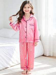 2pcs Tween Girl Starry Sky Print Trim Long Sleeve Top And Pants Pajama Set, Pink - Multicolor - View 3
