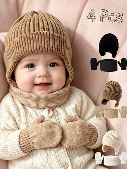 4 piezas/Set Conjunto de punto cálido de invierno para bebé de 1-3 años, Gorro con orejeras de unicolor + Bufanda + Guantes, Ajuste elástico de la circunferencia de la cabeza, Adecuado para actividades al aire libre y juegos en la nieve