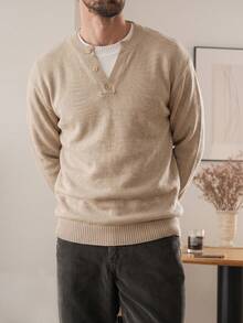 Lookun Men's Faux Two Pieces Half-Button Crew Neck Knit Sweater, Loose Fit Drop Shoulder Knit Top, Autumn/Winter - Apricot - View 7