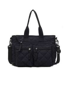 Large Capacity Tote Bag, 3D Quilted Diamond Pattern, Multi-Zipper Pocket Design, Relaxed Casual Style, Black Lightweight Crossbody Handbag, Suitable For Work Commute, Campus Study, Short Trips, Grocery Shopping, Minimalist Versatile Practical Shoulder Bag - Black - View 8