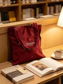 L'Occitane Red Canvas Tote Bag Double Sided Print Star Pattern Large Capacity Shoulder Handbag Casual Commute Beach Shopping Cosmetic Storage Gift Bag For Women - Red - View 7
