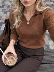 Brown Polo Collar V-Neck Split Short Knit Sweater, Drop Shoulder Long Sleeve Solid Color Casual Pullover, Women's - Coffee - View 2
