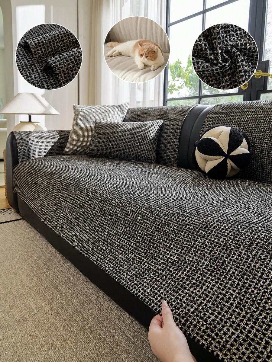 1PC Corn Kernel Chenille Four-Season Universal Non-Slip Sofa Cover, Minimalist Pet Scratch-Resistant Sofa Protective Seat Cushion, Suitable For 1-4 Seater Sofa Decoration, Machine Washable - Black - View 1
