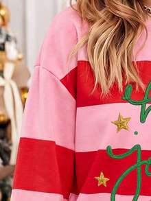 Christmas, Women's Striped Color Block Christmas Pattern, Suitable For Winter, Women's Casual Drop Shoulder Long Sleeve Crew Neck Sweatshirt - Multicolor - View 6